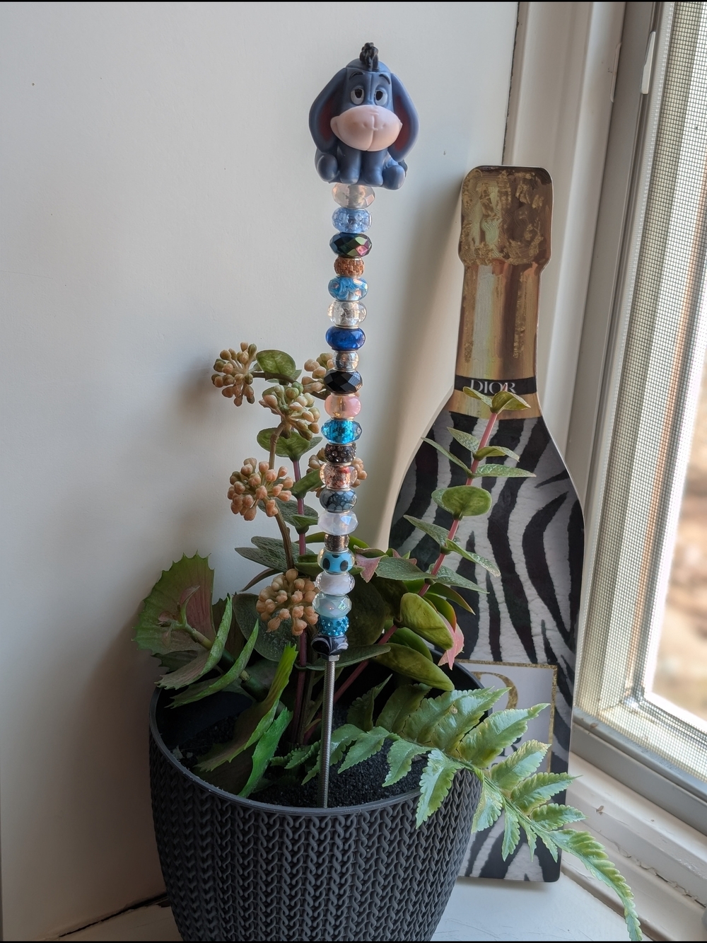 Hand Made Beaded Fairy Wand/Plant/Garden Stake W/Eeyore Topper